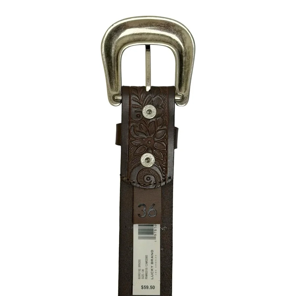 Lucky Brand Men's Size 36 100% Leather Belt Brown Embossed Floral Western NWT